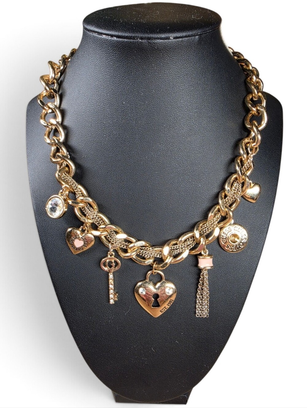 GUESS Gold-Tone Heart & Charm Chain Necklace with Crystal Accents